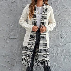 H&M Black & White Long Fringe Cardigan